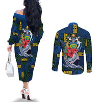 Solomon Islands Meri Kirihimete Couples Matching Off The Shoulder Long Sleeve Dress and Long Sleeve Button Shirt Funny Santa Riding Shark - Polynesian Pride