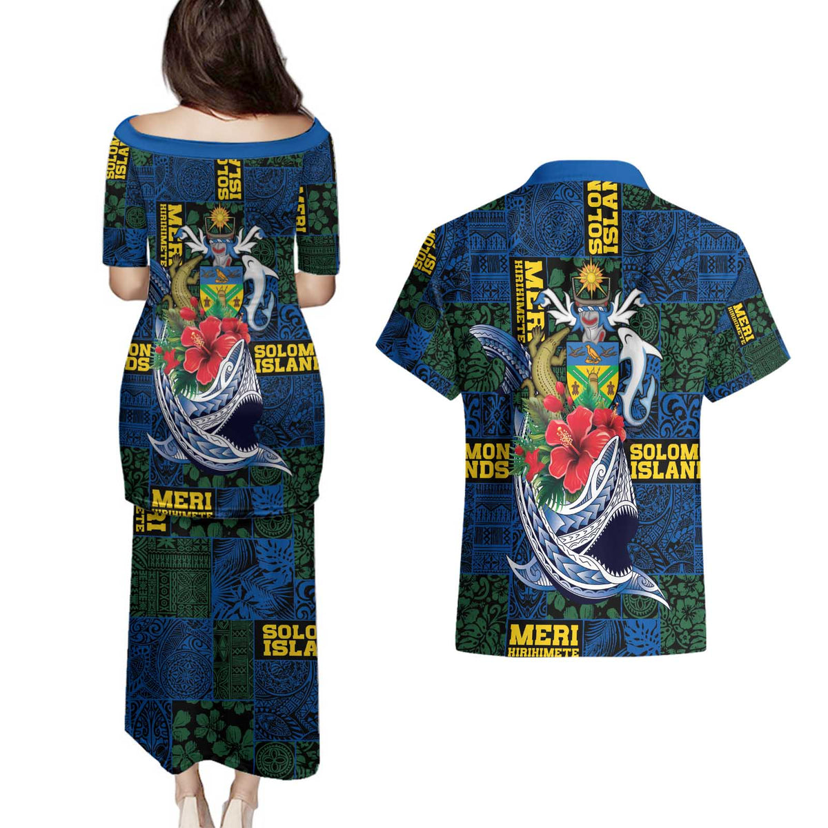 Solomon Islands Meri Kirihimete Couples Matching Puletasi and Hawaiian Shirt Funny Santa Riding Shark - Polynesian Pride