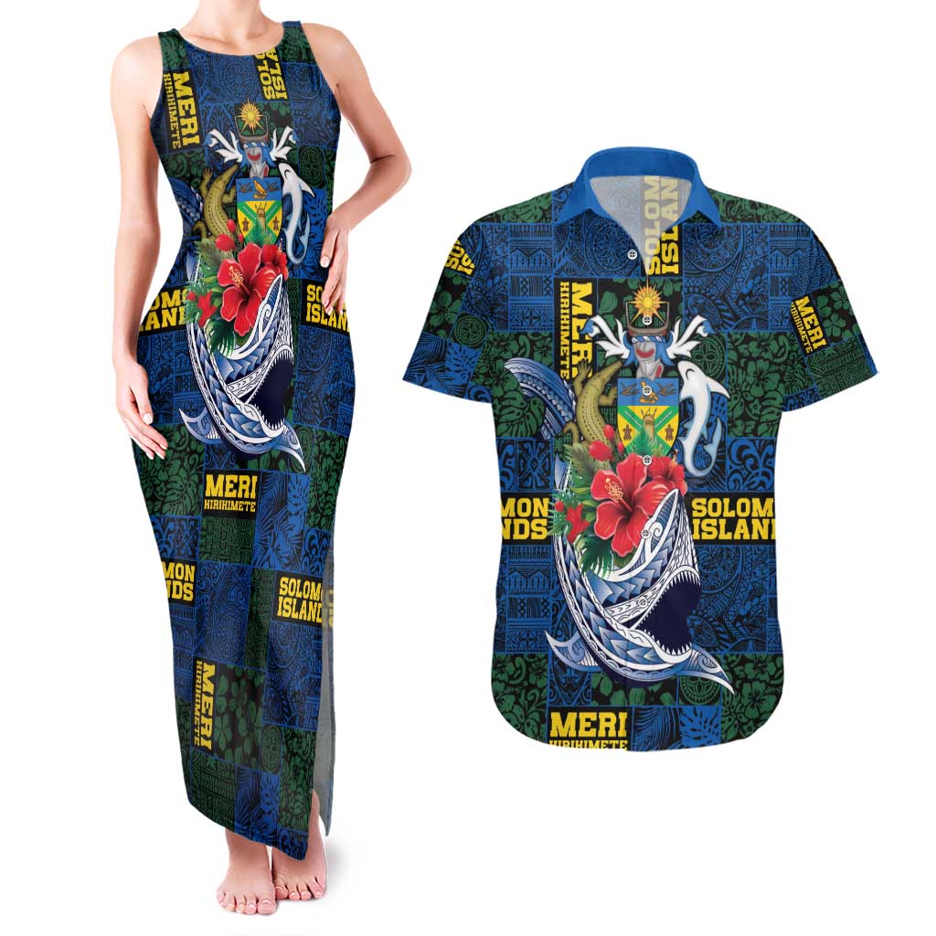 Solomon Islands Meri Kirihimete Couples Matching Tank Maxi Dress and Hawaiian Shirt Funny Santa Riding Shark - Polynesian Pride