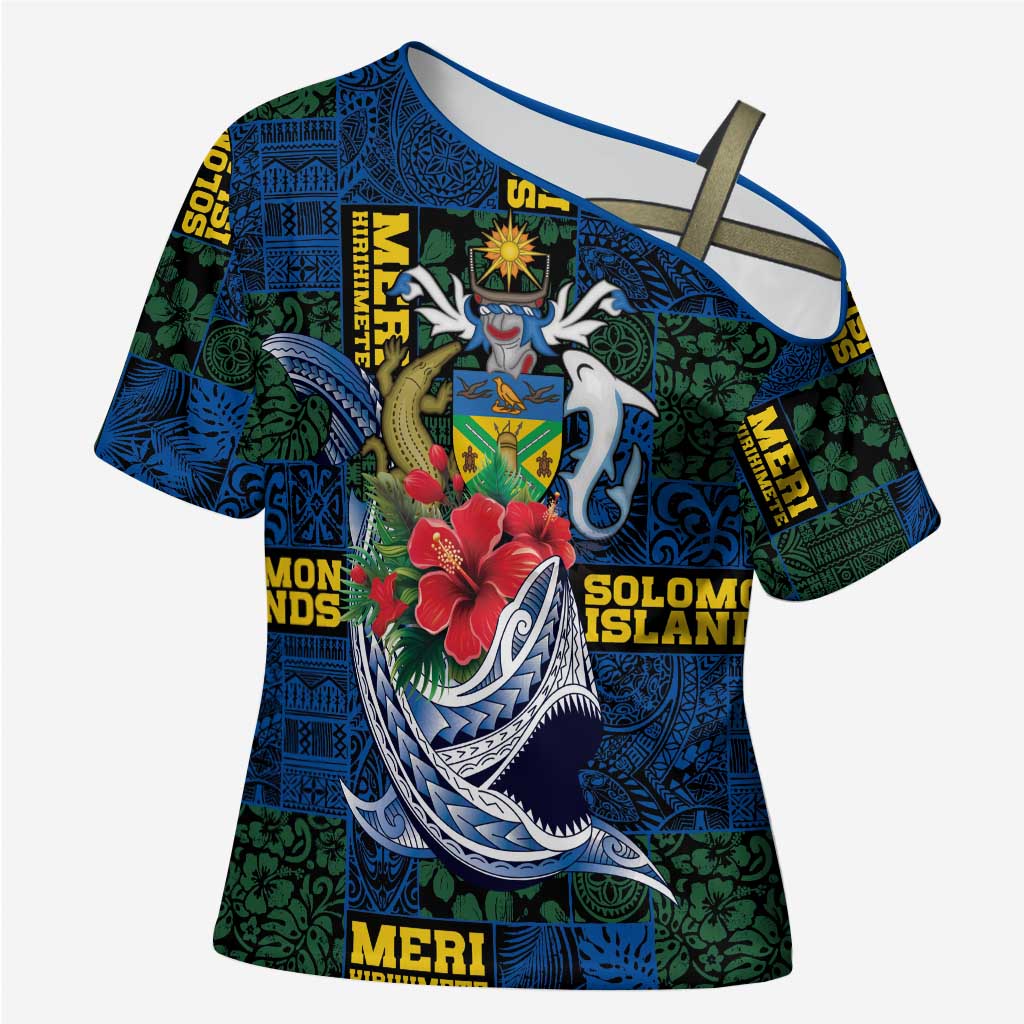 Solomon Islands Meri Kirihimete Cross Shoulder Shirt Funny Santa Riding Shark - Polynesian Pride
