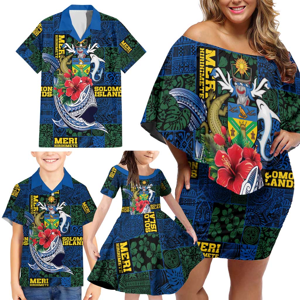 Solomon Islands Meri Kirihimete Family Matching Off Shoulder Short Dress and Hawaiian Shirt Funny Santa Riding Shark - Polynesian Pride