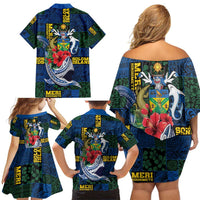 Solomon Islands Meri Kirihimete Family Matching Off Shoulder Short Dress and Hawaiian Shirt Funny Santa Riding Shark - Polynesian Pride