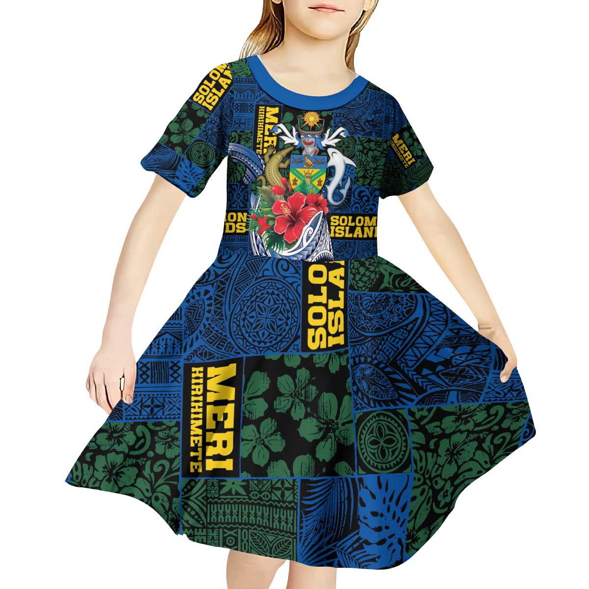 Solomon Islands Meri Kirihimete Kid Short Sleeve Dress Funny Santa Riding Shark - Polynesian Pride