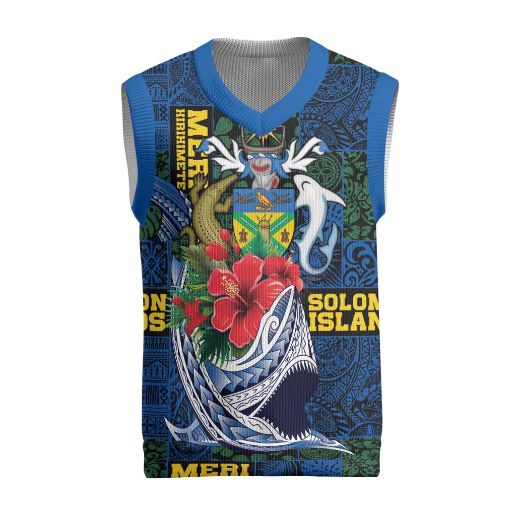 Solomon Islands Meri Kirihimete Christmas Knitted V-Neck Vest Funny Santa Riding Shark - Polynesian Pride