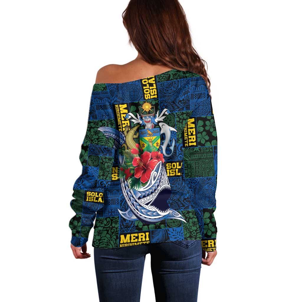 Solomon Islands Meri Kirihimete Off Shoulder Sweater Funny Santa Riding Shark - Polynesian Pride