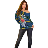 Solomon Islands Meri Kirihimete Off Shoulder Sweater Funny Santa Riding Shark - Polynesian Pride
