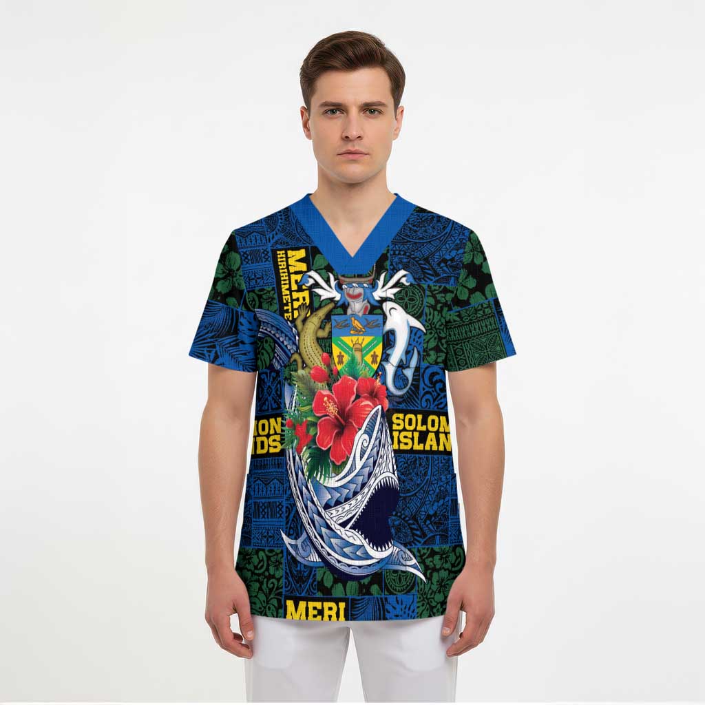 Solomon Islands Meri Kirihimete Scrub Top Funny Santa Riding Shark - Polynesian Pride