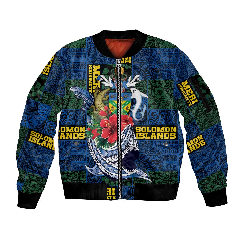 Solomon Islands Meri Kirihimete Sleeve Zip Bomber Jacket Funny Santa Riding Shark - Polynesian Pride