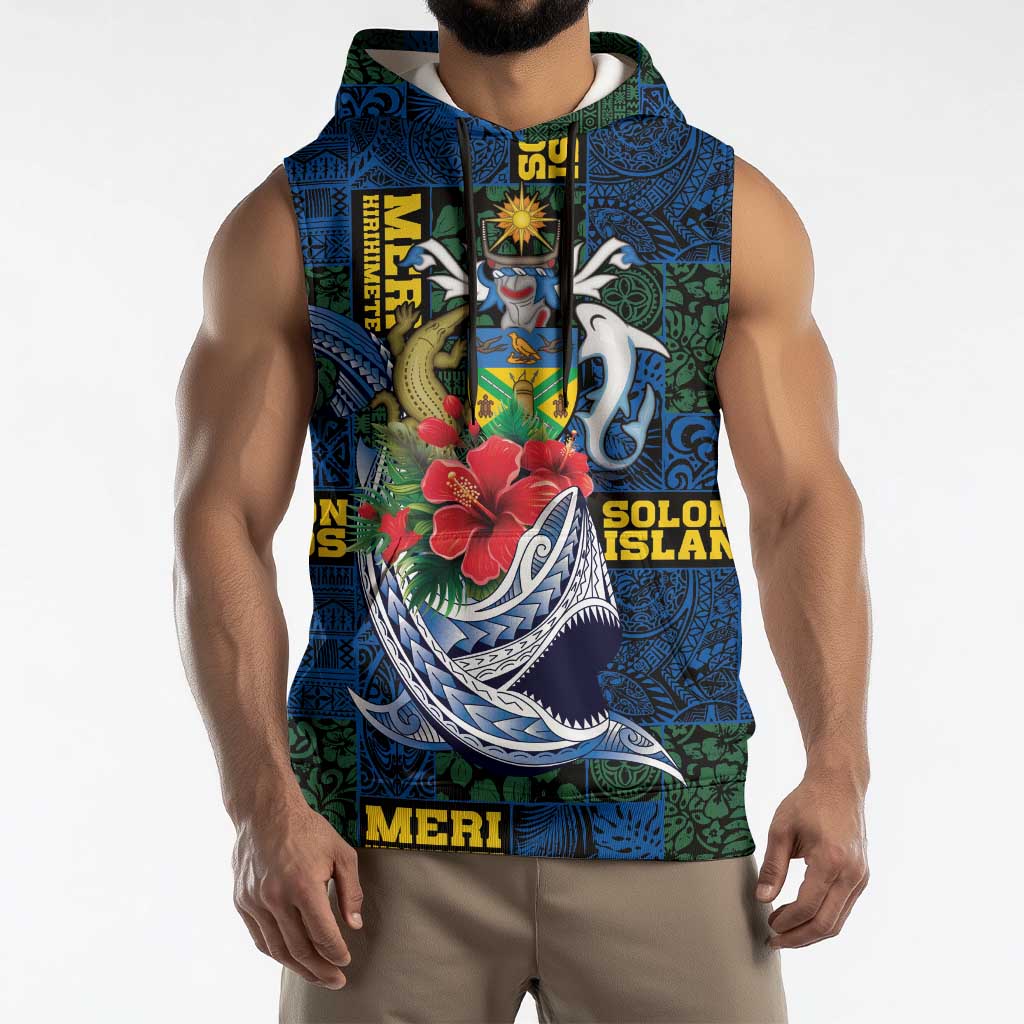 Solomon Islands Meri Kirihimete Sleeveless Hoodie Funny Santa Riding Shark - Polynesian Pride