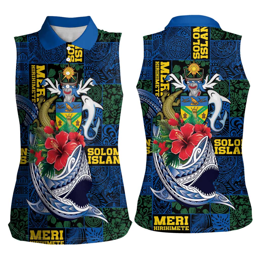 Solomon Islands Meri Kirihimete Women Sleeveless Polo Shirt Funny Santa Riding Shark - Polynesian Pride