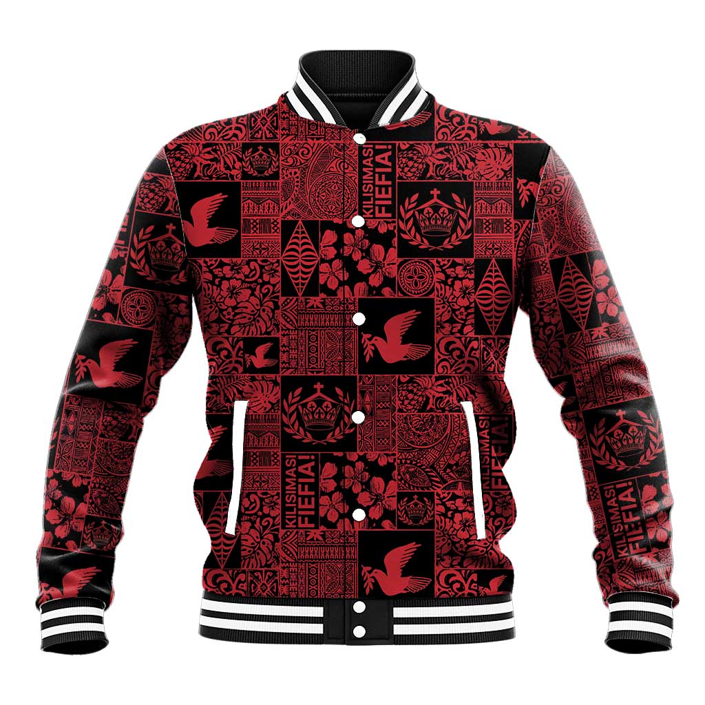 Black Tonga Kilisimasi Fiefia Baseball Jacket Pacific Patchwork Xmas Vibes - Polynesian Pride