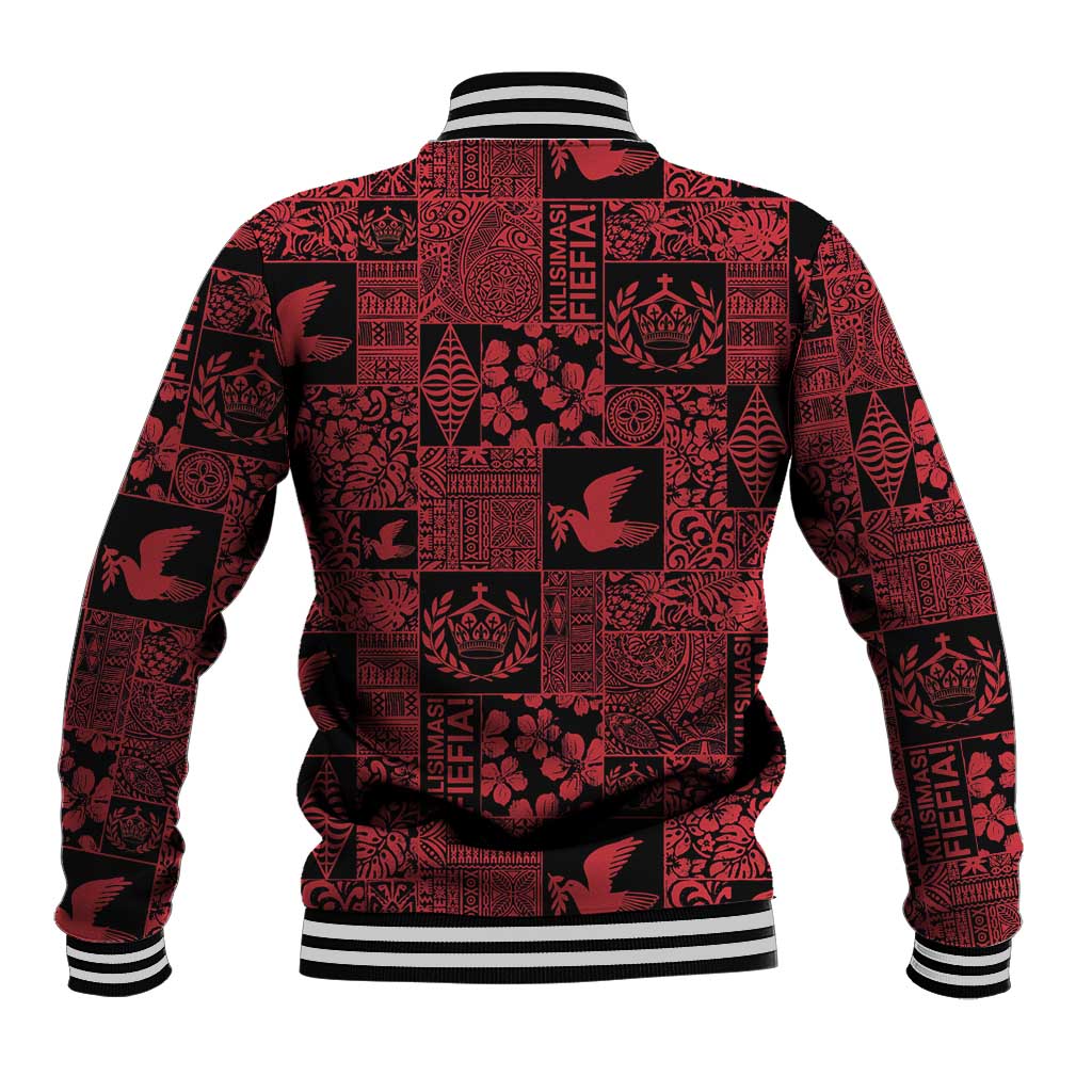Black Tonga Kilisimasi Fiefia Baseball Jacket Pacific Patchwork Xmas Vibes - Polynesian Pride