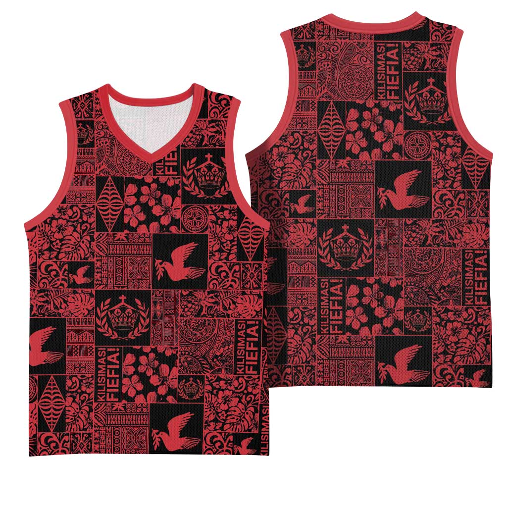Black Tonga Kilisimasi Fiefia Basketball Jersey Pacific Patchwork Xmas Vibes - Polynesian Pride