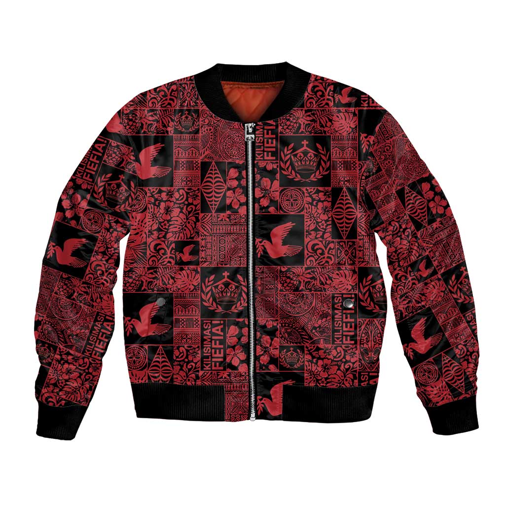Black Tonga Kilisimasi Fiefia Bomber Jacket Pacific Patchwork Xmas Vibes - Polynesian Pride