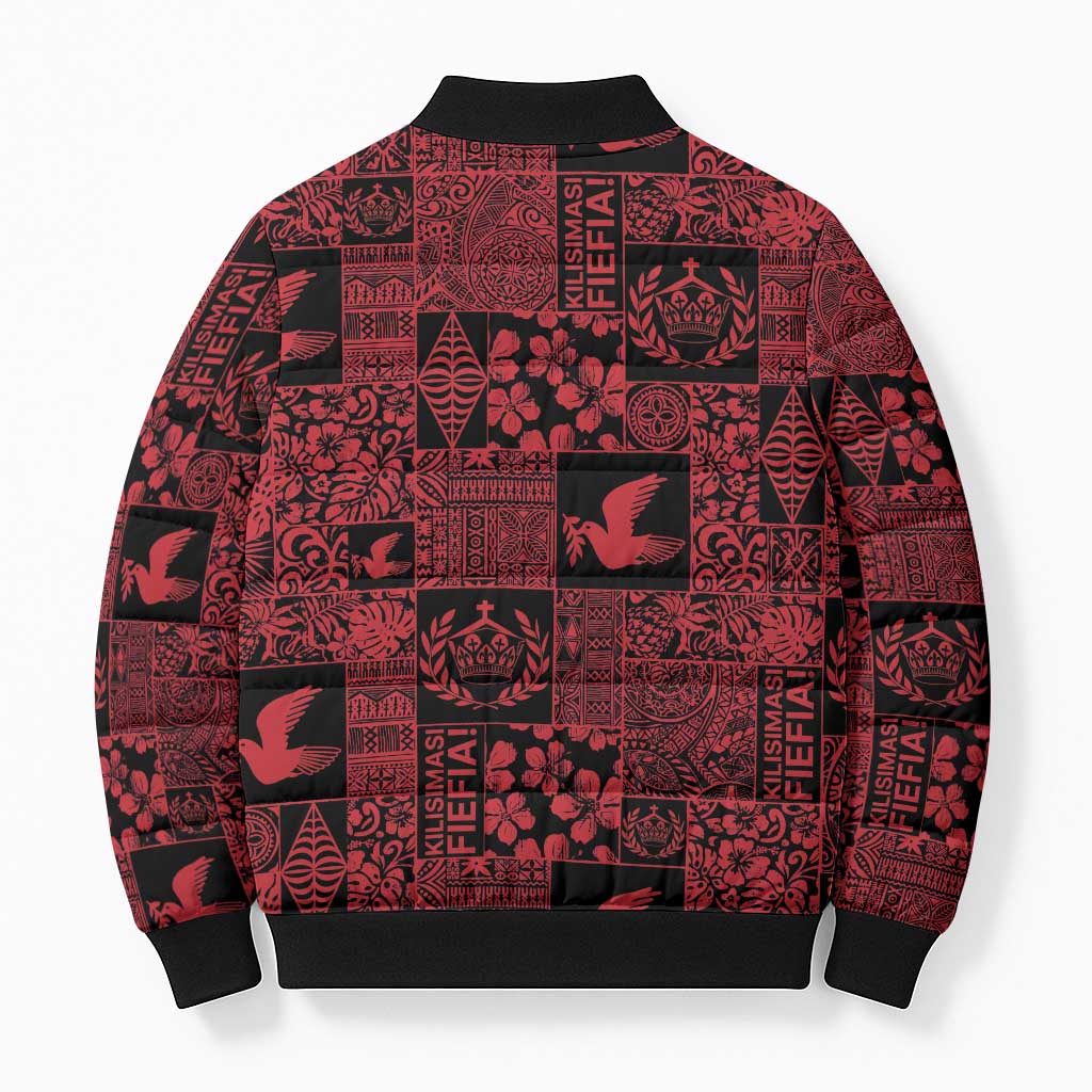 Black Tonga Kilisimasi Fiefia Bomber Puffer Jacket Pacific Patchwork Xmas Vibes - Polynesian Pride