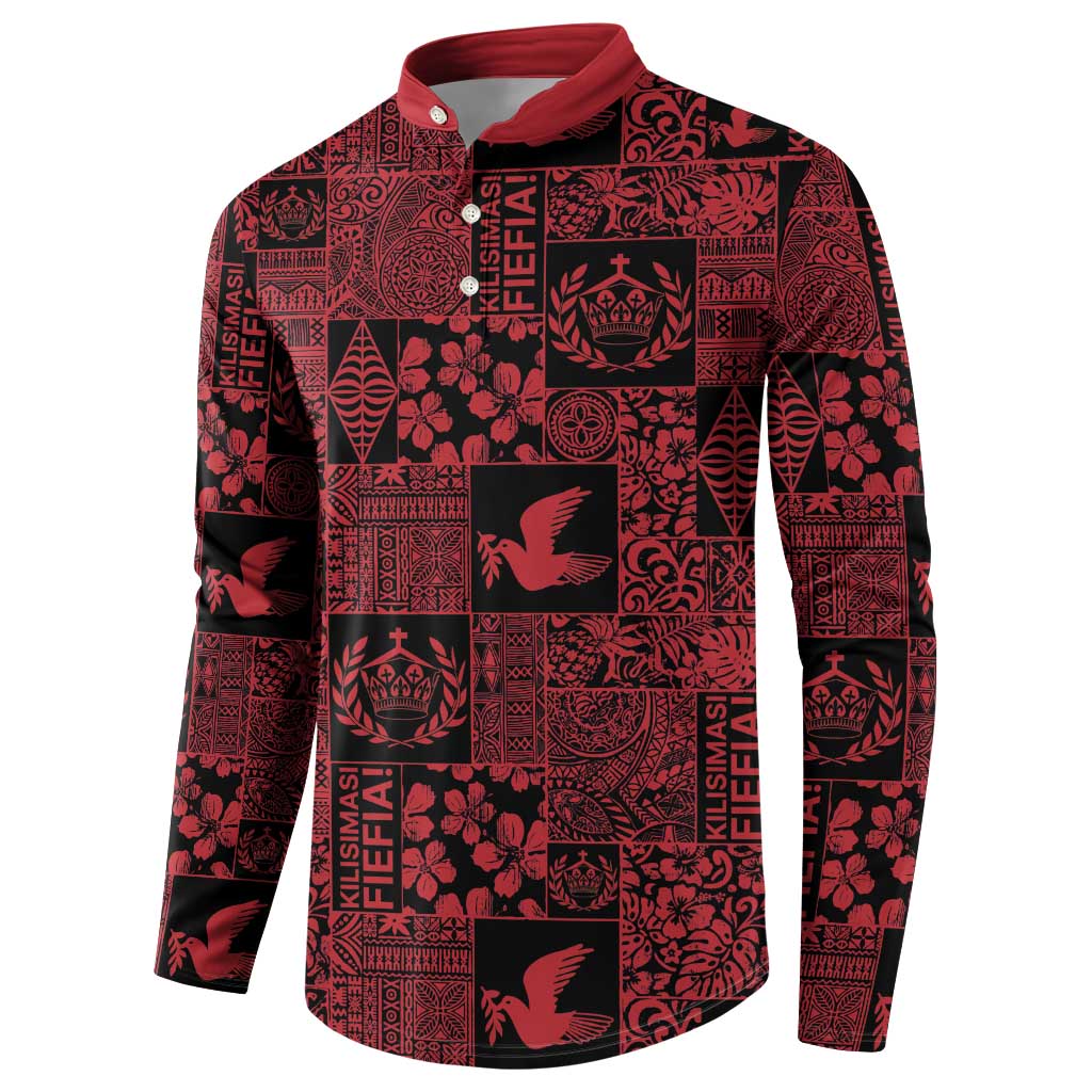 Black Tonga Kilisimasi Fiefia Button Sweatshirt Pacific Patchwork Xmas Vibes - Polynesian Pride