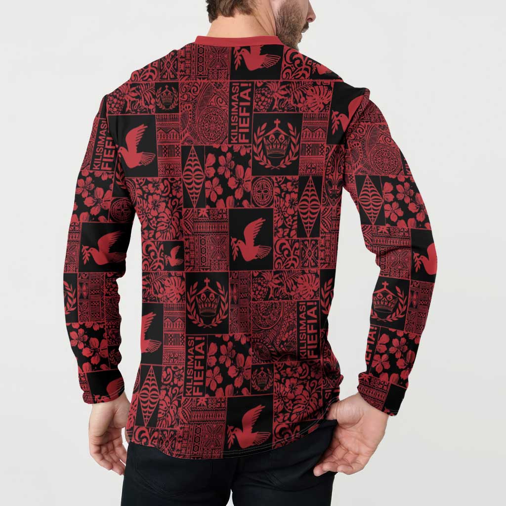 Black Tonga Kilisimasi Fiefia Button Sweatshirt Pacific Patchwork Xmas Vibes - Polynesian Pride