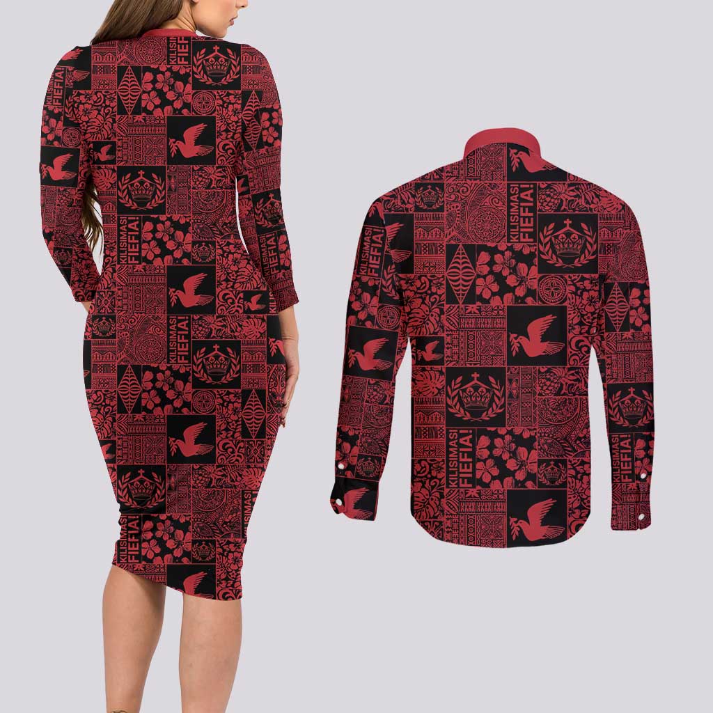 Black Tonga Kilisimasi Fiefia Couples Matching Long Sleeve Bodycon Dress and Long Sleeve Button Shirt Pacific Patchwork Xmas Vibes - Polynesian Pride