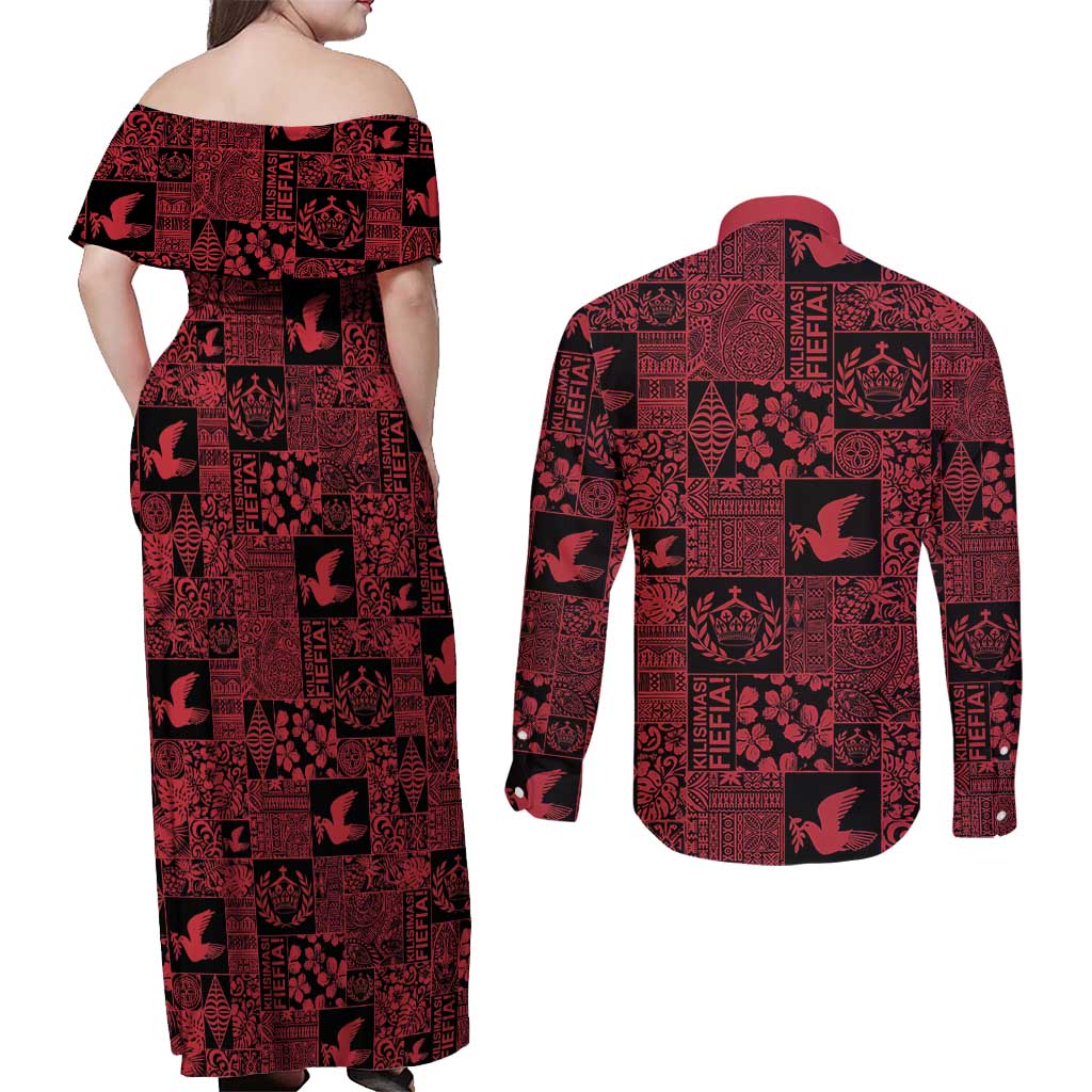 Black Tonga Kilisimasi Fiefia Couples Matching Off Shoulder Maxi Dress and Long Sleeve Button Shirt Pacific Patchwork Xmas Vibes - Polynesian Pride
