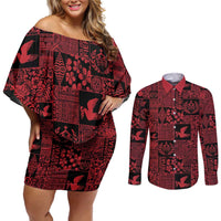 Black Tonga Kilisimasi Fiefia Couples Matching Off Shoulder Short Dress and Long Sleeve Button Shirt Pacific Patchwork Xmas Vibes - Polynesian Pride