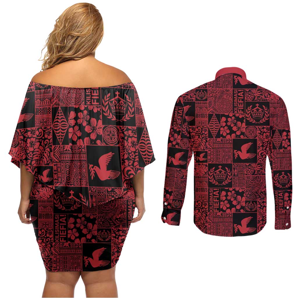 Black Tonga Kilisimasi Fiefia Couples Matching Off Shoulder Short Dress and Long Sleeve Button Shirt Pacific Patchwork Xmas Vibes - Polynesian Pride