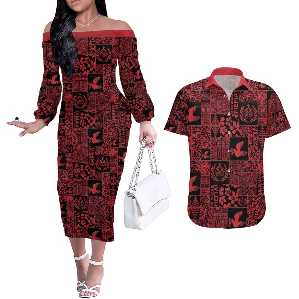 Black Tonga Kilisimasi Fiefia Couples Matching Off The Shoulder Long Sleeve Dress and Hawaiian Shirt Pacific Patchwork Xmas Vibes - Polynesian Pride