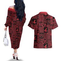 Black Tonga Kilisimasi Fiefia Couples Matching Off The Shoulder Long Sleeve Dress and Hawaiian Shirt Pacific Patchwork Xmas Vibes - Polynesian Pride