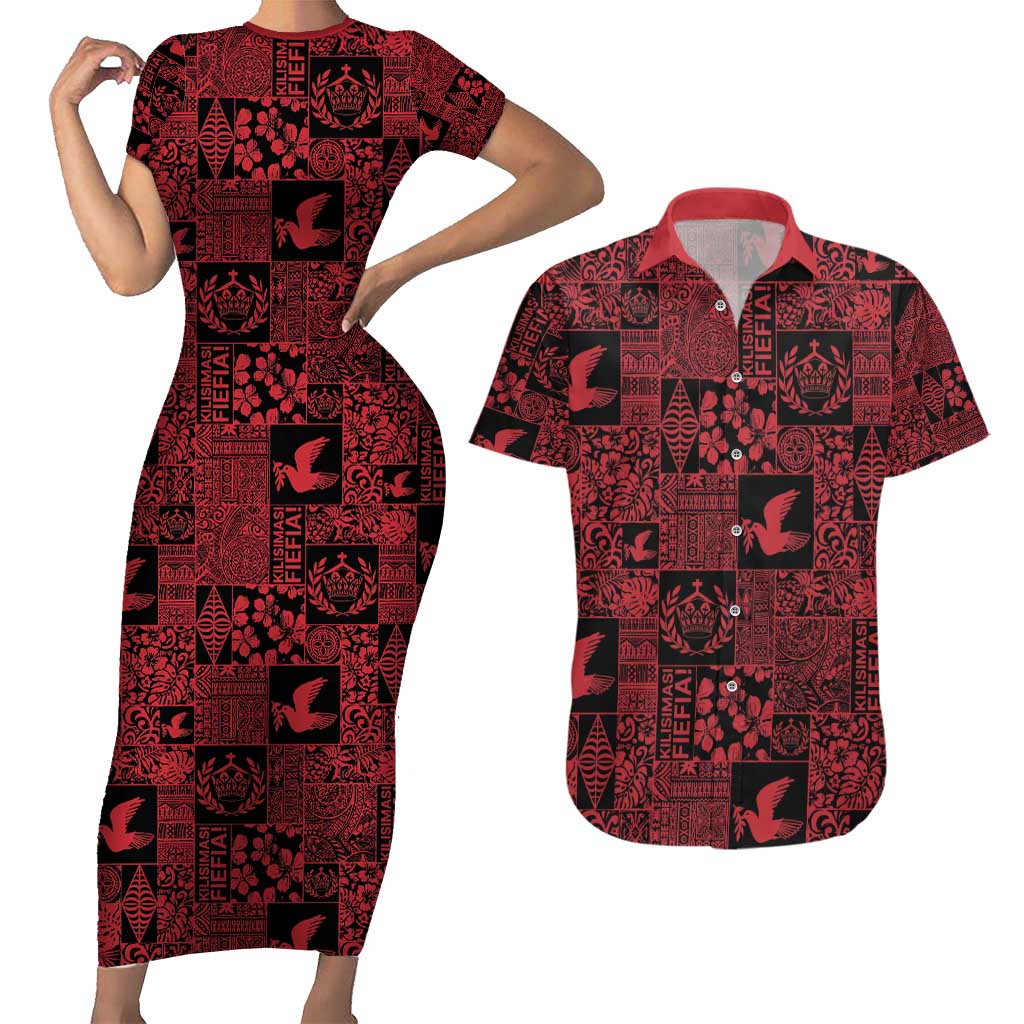 Black Tonga Kilisimasi Fiefia Couples Matching Short Sleeve Bodycon Dress and Hawaiian Shirt Pacific Patchwork Xmas Vibes - Polynesian Pride
