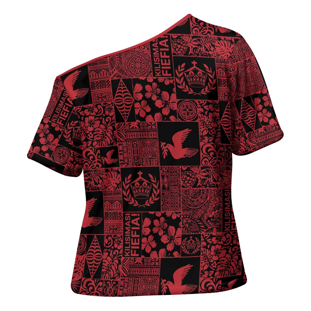 Black Tonga Kilisimasi Fiefia Cross Shoulder Shirt Pacific Patchwork Xmas Vibes - Polynesian Pride