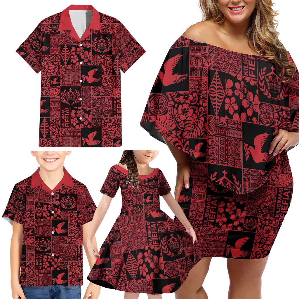 Black Tonga Kilisimasi Fiefia Family Matching Off Shoulder Short Dress and Hawaiian Shirt Pacific Patchwork Xmas Vibes - Polynesian Pride