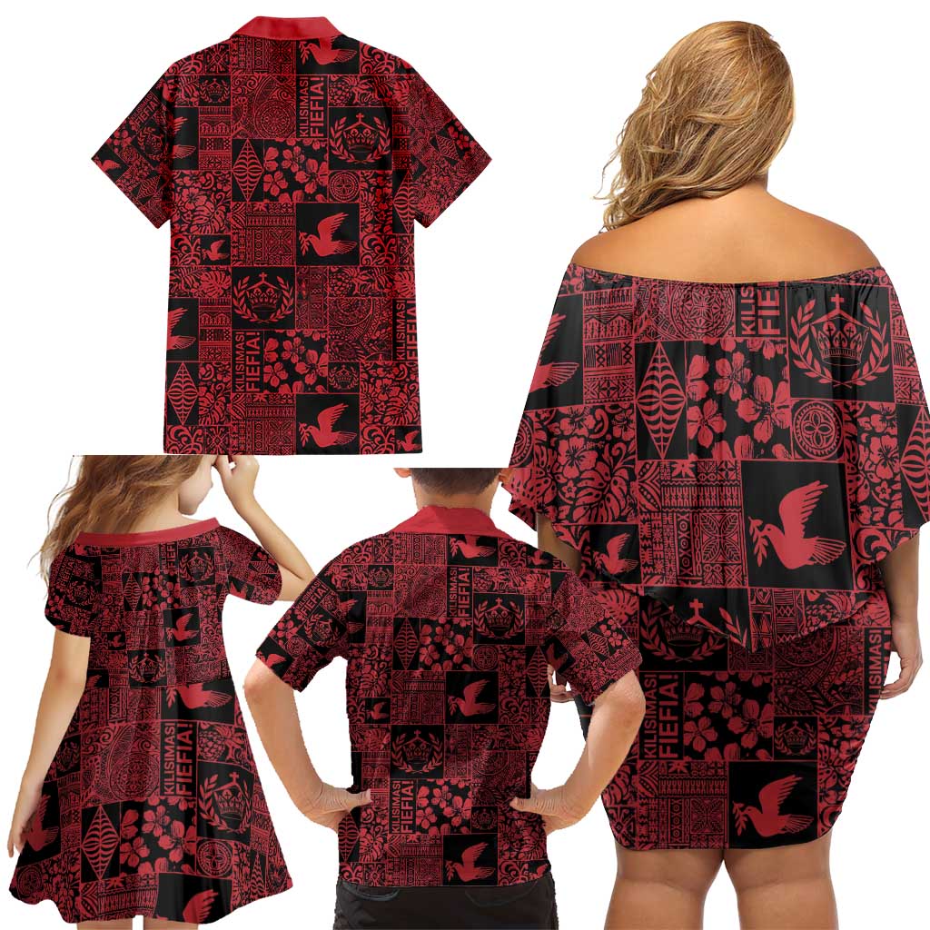 Black Tonga Kilisimasi Fiefia Family Matching Off Shoulder Short Dress and Hawaiian Shirt Pacific Patchwork Xmas Vibes - Polynesian Pride