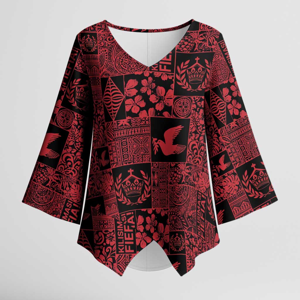 Black Tonga Kilisimasi Fiefia Kimono Sleeve Blouse Pacific Patchwork Xmas Vibes - Polynesian Pride