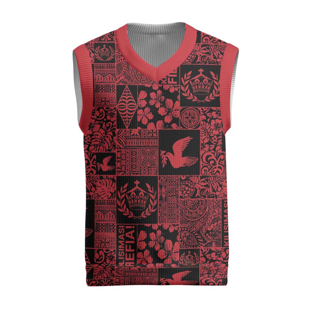 Black Tonga Kilisimasi Fiefia Christmas Knitted V-Neck Vest Pacific Patchwork Xmas Vibes - Polynesian Pride