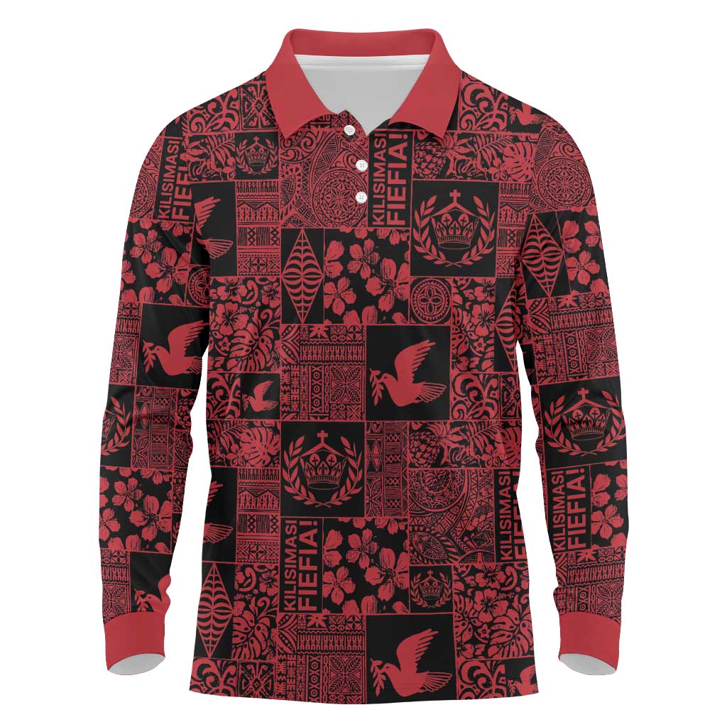 Black Tonga Kilisimasi Fiefia Long Sleeve Polo Shirt Pacific Patchwork Xmas Vibes - Polynesian Pride
