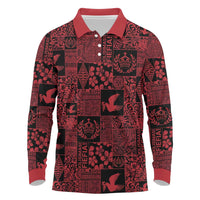 Black Tonga Kilisimasi Fiefia Long Sleeve Polo Shirt Pacific Patchwork Xmas Vibes - Polynesian Pride