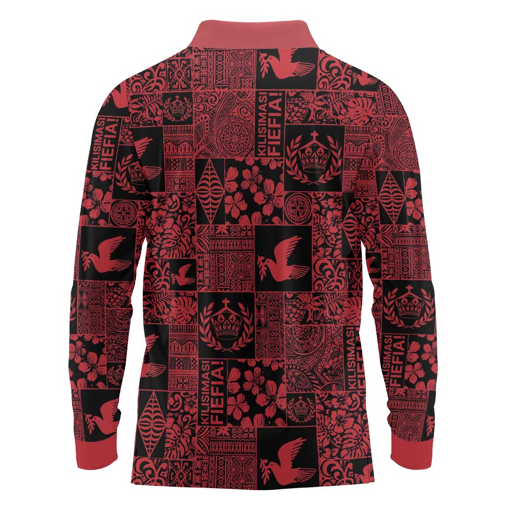 Black Tonga Kilisimasi Fiefia Long Sleeve Polo Shirt Pacific Patchwork Xmas Vibes - Polynesian Pride