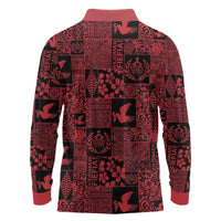 Black Tonga Kilisimasi Fiefia Long Sleeve Polo Shirt Pacific Patchwork Xmas Vibes - Polynesian Pride