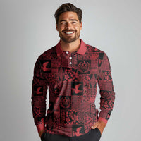 Black Tonga Kilisimasi Fiefia Long Sleeve Polo Shirt Pacific Patchwork Xmas Vibes - Polynesian Pride