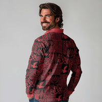 Black Tonga Kilisimasi Fiefia Long Sleeve Polo Shirt Pacific Patchwork Xmas Vibes - Polynesian Pride