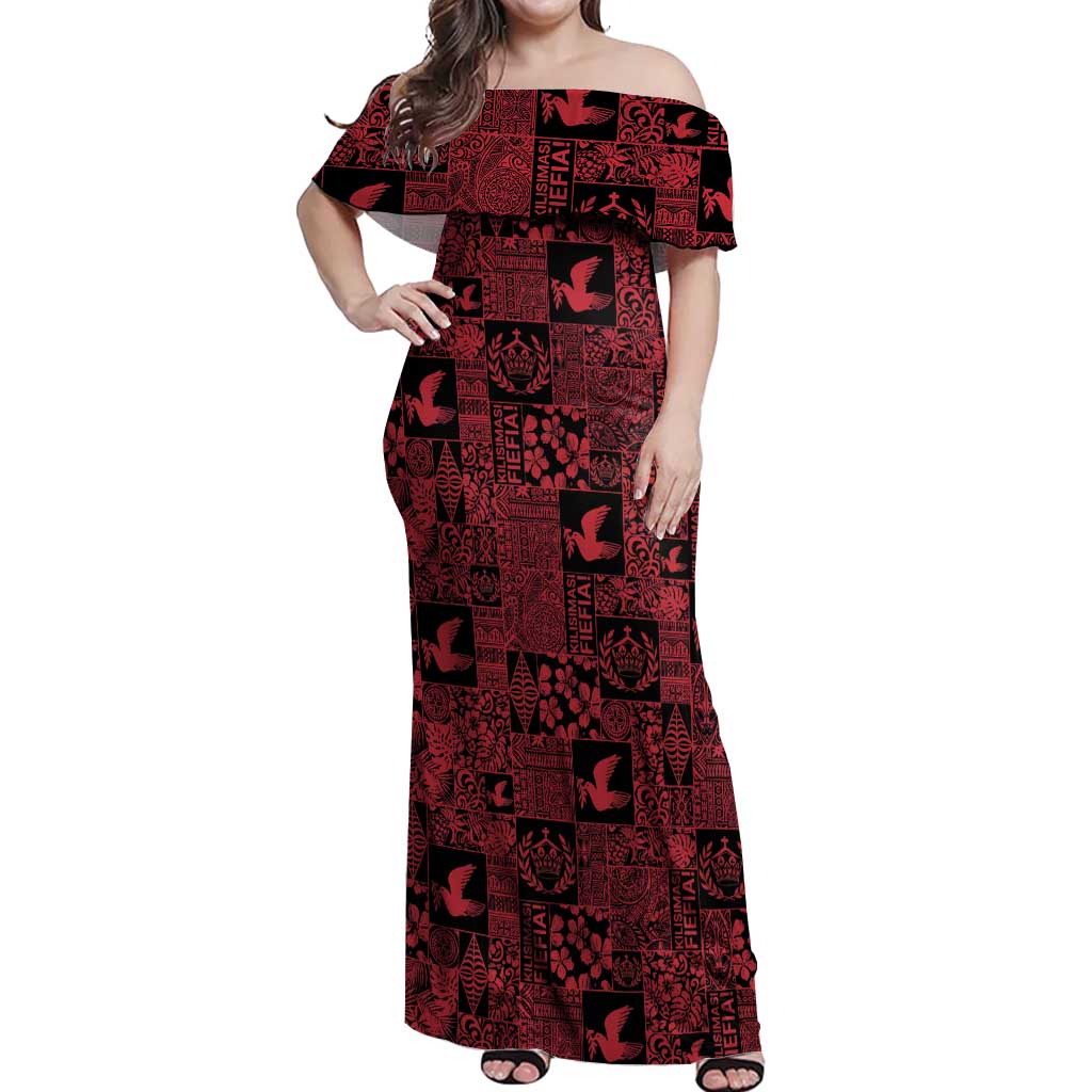 Black Tonga Kilisimasi Fiefia Off Shoulder Maxi Dress Pacific Patchwork Xmas Vibes - Polynesian Pride