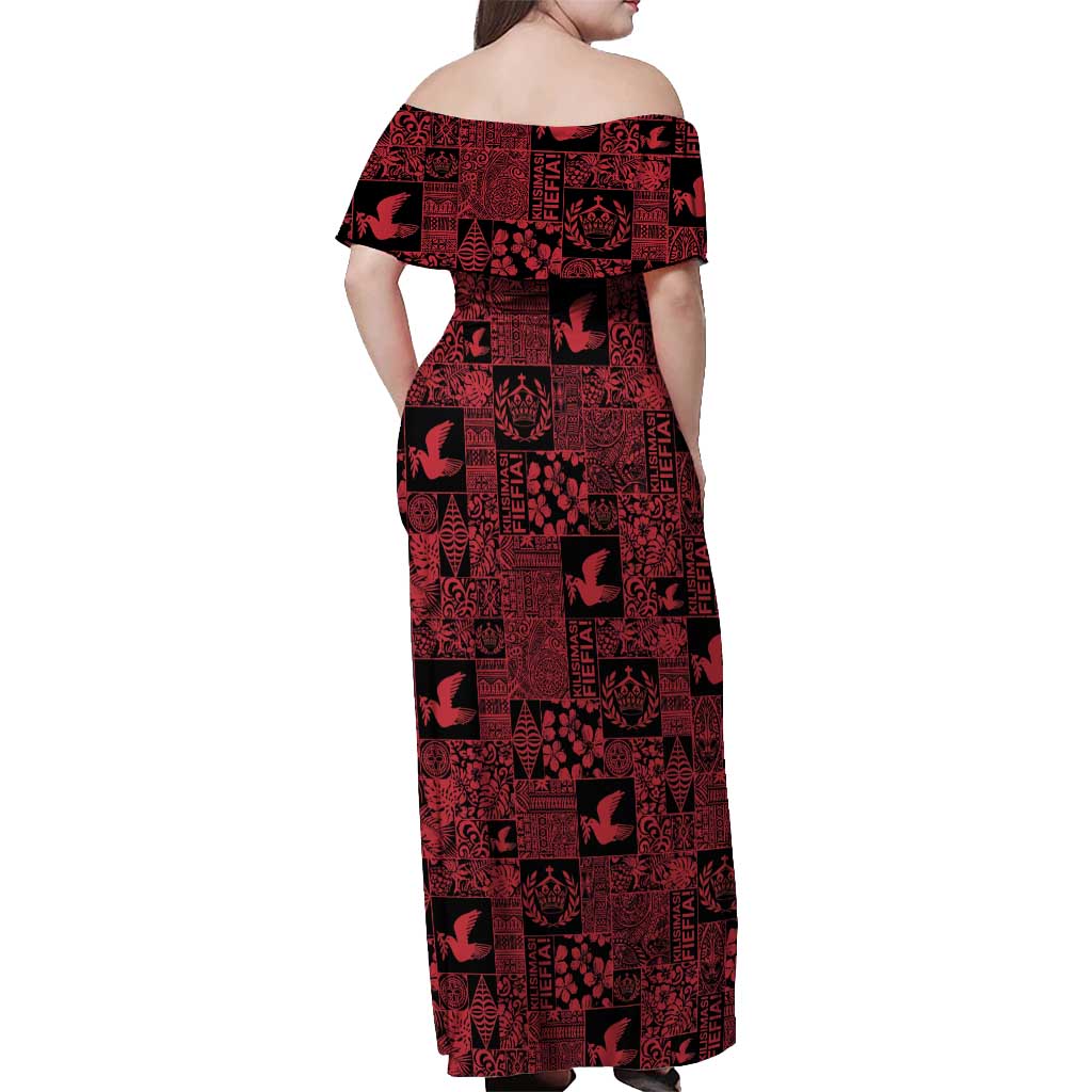 Black Tonga Kilisimasi Fiefia Off Shoulder Maxi Dress Pacific Patchwork Xmas Vibes - Polynesian Pride