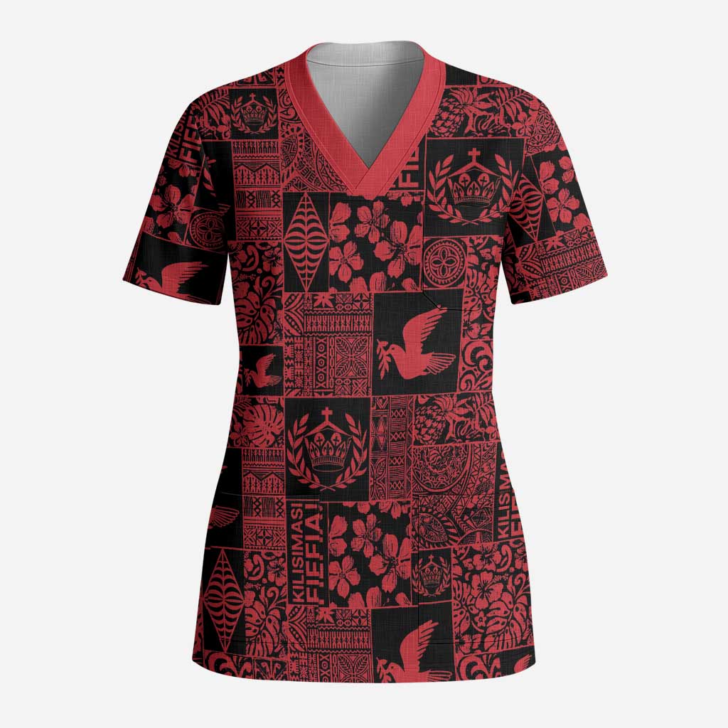 Black Tonga Kilisimasi Fiefia Scrub Top Pacific Patchwork Xmas Vibes - Polynesian Pride