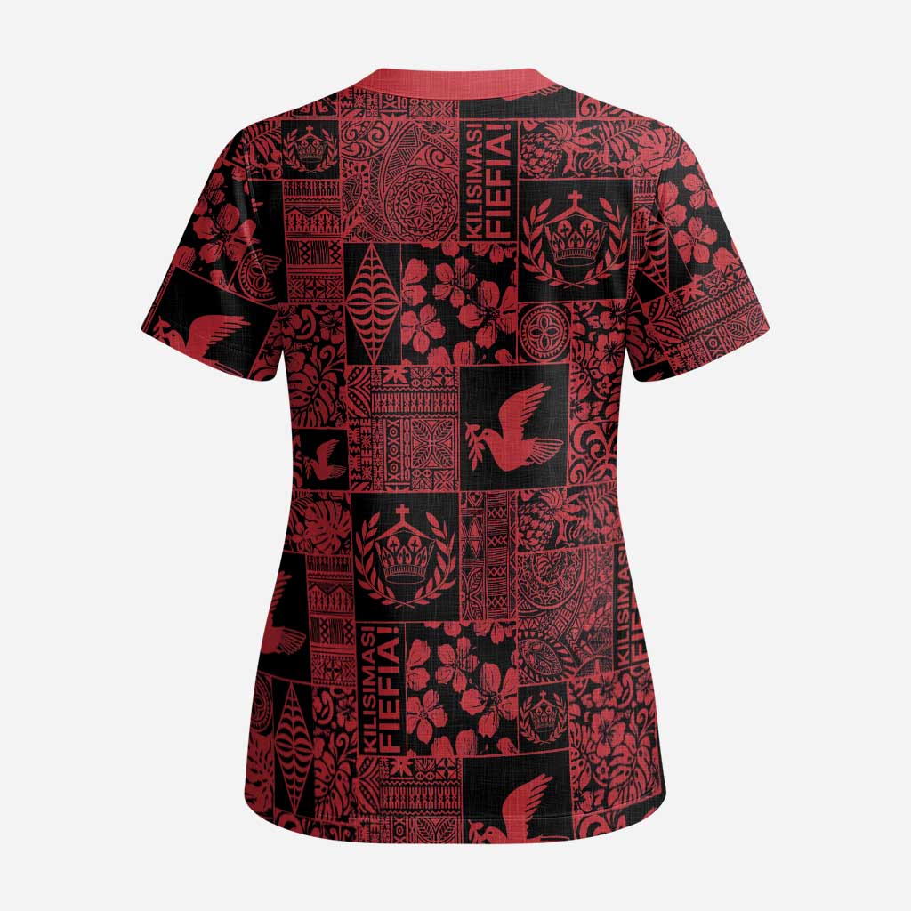 Black Tonga Kilisimasi Fiefia Scrub Top Pacific Patchwork Xmas Vibes - Polynesian Pride