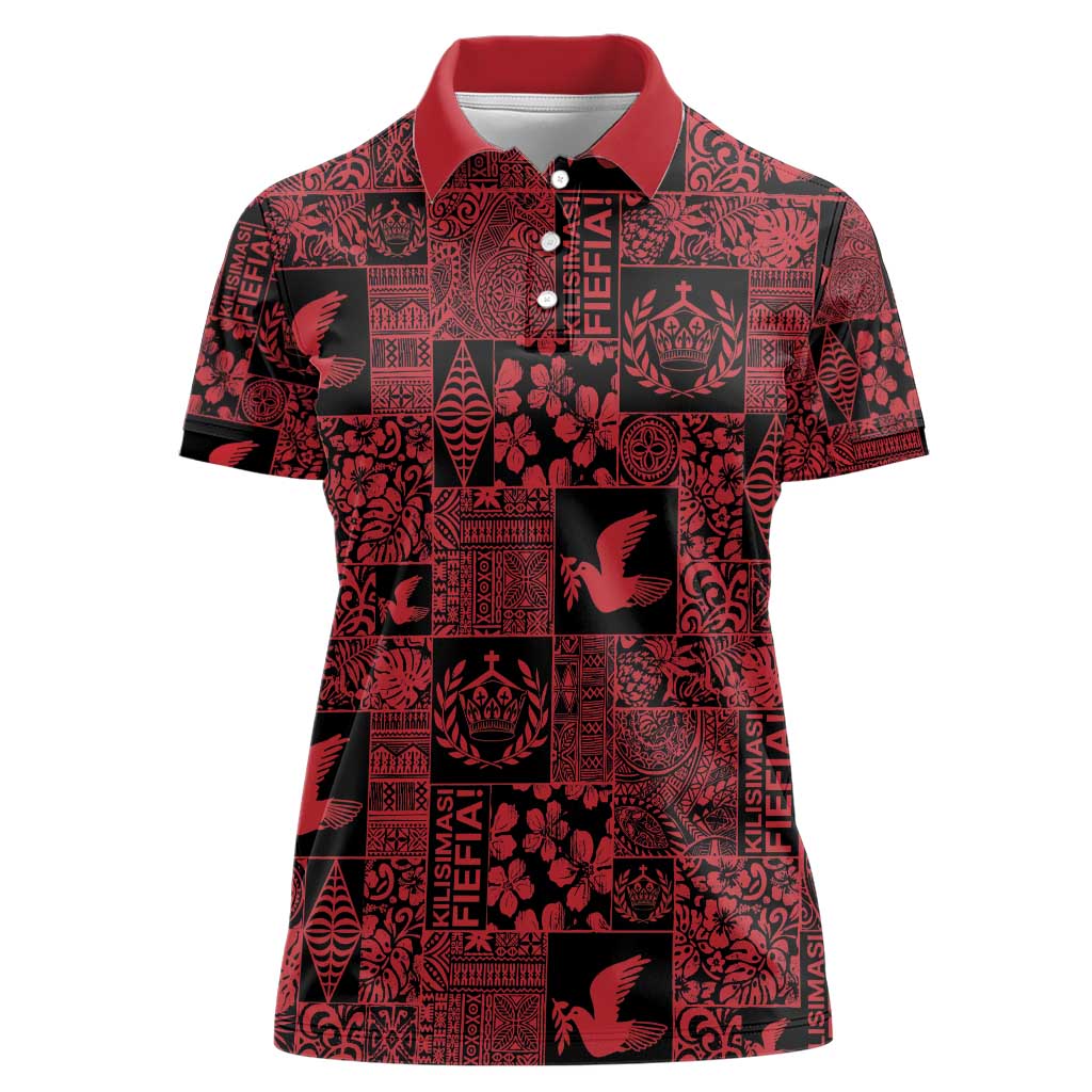 Black Tonga Kilisimasi Fiefia Women Polo Shirt Pacific Patchwork Xmas Vibes - Polynesian Pride