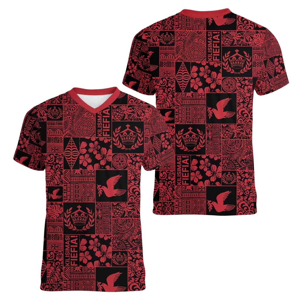 Black Tonga Kilisimasi Fiefia Women V-Neck T-Shirt Pacific Patchwork Xmas Vibes - Polynesian Pride