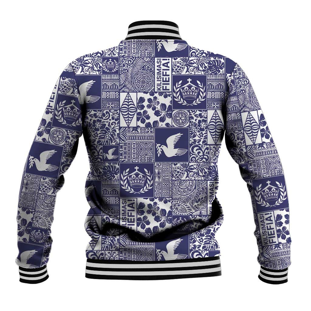 Blue Tonga Kilisimasi Fiefia Baseball Jacket Pacific Patchwork Xmas Vibes - Polynesian Pride