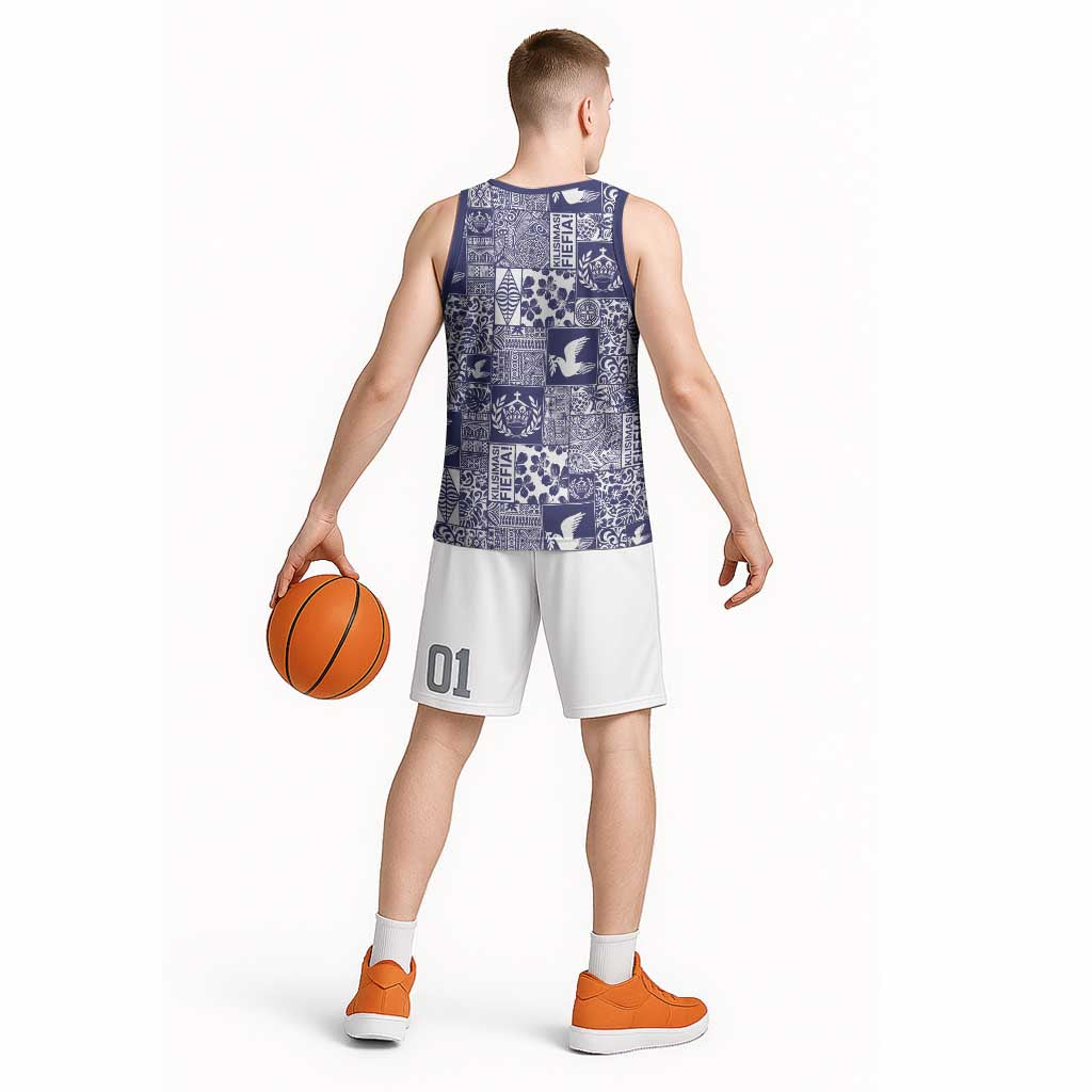 Blue Tonga Kilisimasi Fiefia Basketball Jersey Pacific Patchwork Xmas Vibes - Polynesian Pride
