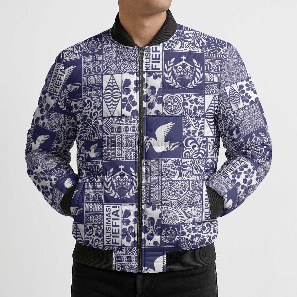 Blue Tonga Kilisimasi Fiefia Bomber Puffer Jacket Pacific Patchwork Xmas Vibes - Polynesian Pride