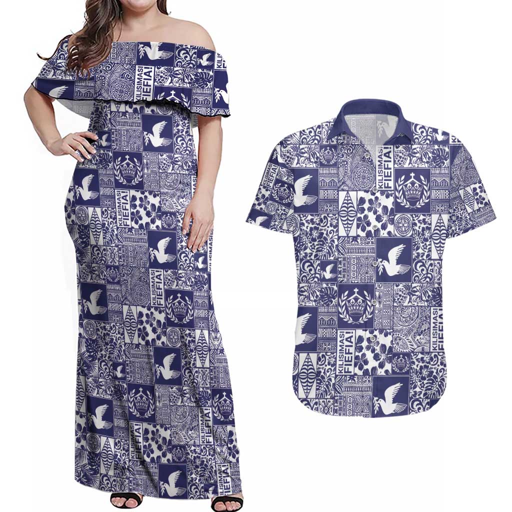 Blue Tonga Kilisimasi Fiefia Couples Matching Off Shoulder Maxi Dress and Hawaiian Shirt Pacific Patchwork Xmas Vibes - Polynesian Pride
