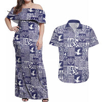 Blue Tonga Kilisimasi Fiefia Couples Matching Off Shoulder Maxi Dress and Hawaiian Shirt Pacific Patchwork Xmas Vibes - Polynesian Pride